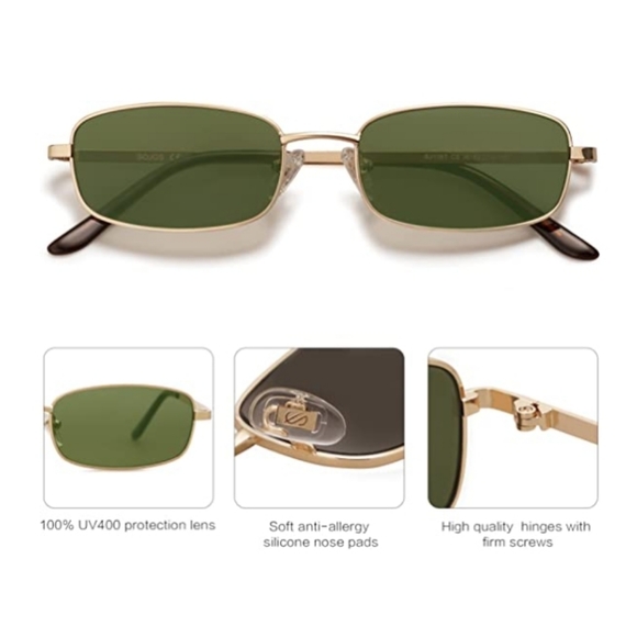 💫New Green / Gold Retro Hippie Rectangle 70s 80s Small Narrow Sunglasses - Picture 2 of 3